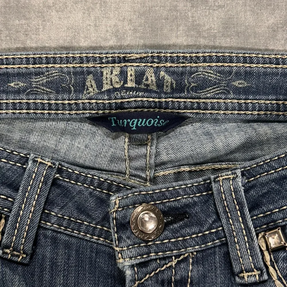 Ariat Denim Embroidered Studded Low Rise Bootcut Jeans Turquoise Wms 29 Western